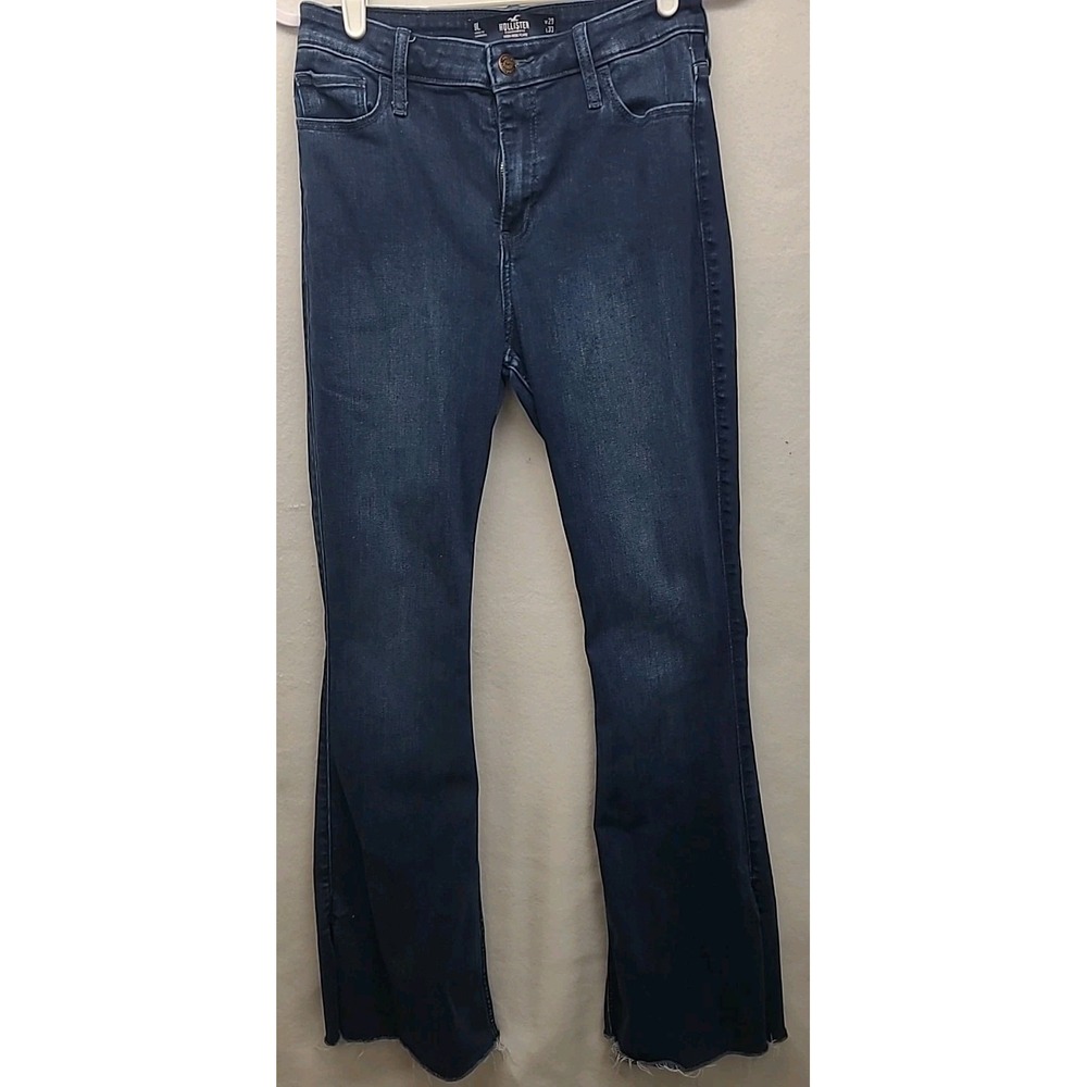 Hollister Jeans‎ Denim High Rise Flare Dark Wash Raw Hem Slit 9L 29w 33L Y2K
